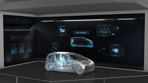 CES 2020에서 차량모형과 대형 스크린으로 구현한 SK이노베이션의 ‘SK Inside’ 모델 이미지. 사진=SK이노베이션