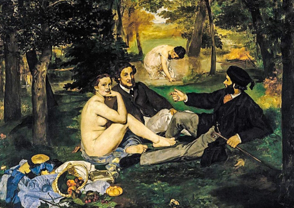 ‘에두아르 마네(Édouard Manet)’ 작. 풀밭위의 점심식사(1863). 캔버스에 유채, 208X264 cm, 1906년 에티엔느 모로 넬라통의 기증으로 입수.  오르세 미술관'목욕 Le bain'이라는 이름으로 1863년 “낙선 전시회”에 출품된 작품.