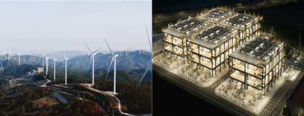 영양 풍력 발전단지(사진 왼쪽), 대산 수소 연료전지 발전소(사진 오른쪽). 사진=한화건설