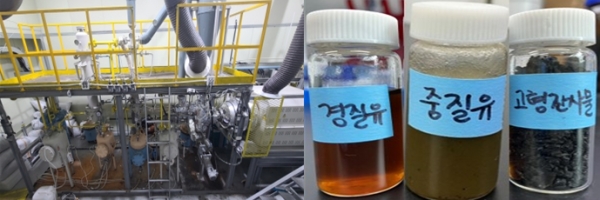 폐비닐을 오일로 전환하는 열분해 플랜트(사진 왼쪽),열분해 과정을 거쳐 생성된 오일(사진 오른쪽). 사진=한국에너지기술연구원