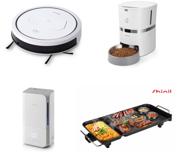 (왼쪽 위부터 시계방향) 로봇청소기, 펫 급식기, 트리플 멀티 와이드 그릴, 하이브리드 가습기. 사진=신일전자