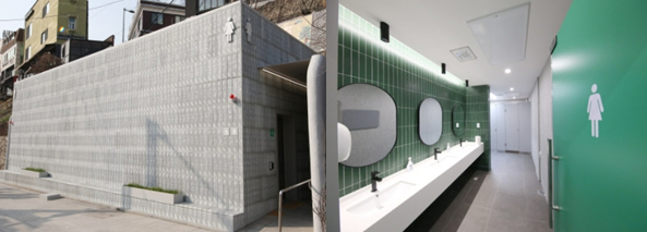 이태원1 공중화장실 리모델링 외관(사진 왼쪽). 개선된 화장실 내부(사진 오른쪽). 사진=아모레퍼시픽복지재단