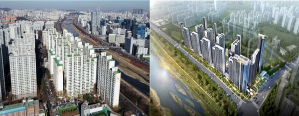 광명 철산한신 아파트 현재 모습(사진 왼쪽).사진=쌍용건설. 리모델링 조감도(사진 오른쪽)