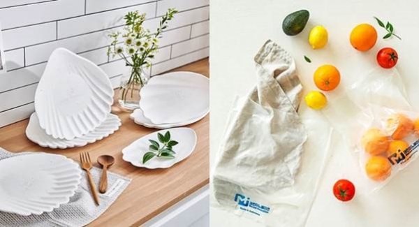 ‘마린이노베이션’의 친환경 패키징 제품 브랜드 ‘자누담’ 해초 종이접시(왼쪽)와 생분해 롤백(오른쪽)