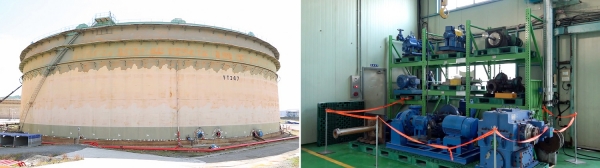 울산CLX의 원유저장탱크(사진 왼쪽), 울산CLX 내에서 철거된 설비들(오른쪽)