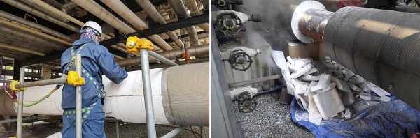 울산CLX 공장 설비의 파이프 표면에서 기존 보온재(펄라이트)를 뜯어내고 있다.(사진 왼쪽), 뜯어낸 보온재(펄라이트) 사진 오른쪽