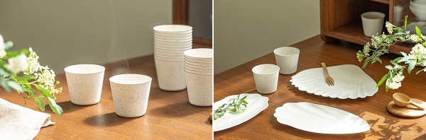 소셜벤처 ‘마린이노베이션’의 친환경 패키징 제품 브랜드 ‘자누담’의 해초종이컵(왼쪽)과 접시