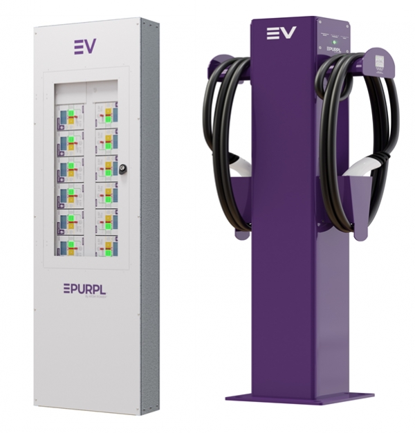 아톰파워의 솔리드스테이트 서킷브레이커(SSCB, 전력반도체로 제어되는 회로차단기)들이 한데 집적된 패널. EV 충전소에서 여러 대의 EV 충전기들을 한 곳에서 한꺼번에 관리할 수 있게 한다(사진 왼쪽). 아톰파워가 미국 현지에서 생산해 공급하고 있는 EV 충전기. 사진=SK이노베이션