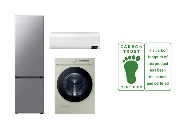 삼성전자 세탁기·냉장고·에어컨 제품과 탄소발자국 인증 로고 이미지. 사진=삼성전자